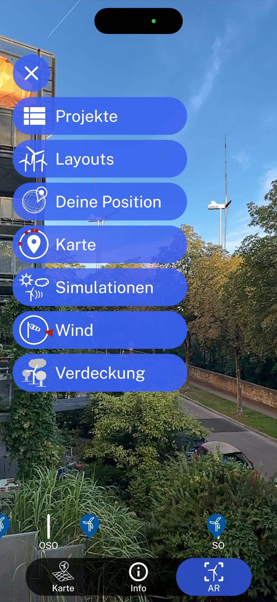 App-Menü mit Projekten, Layouts, Simulationen, Wind und Verdeckung