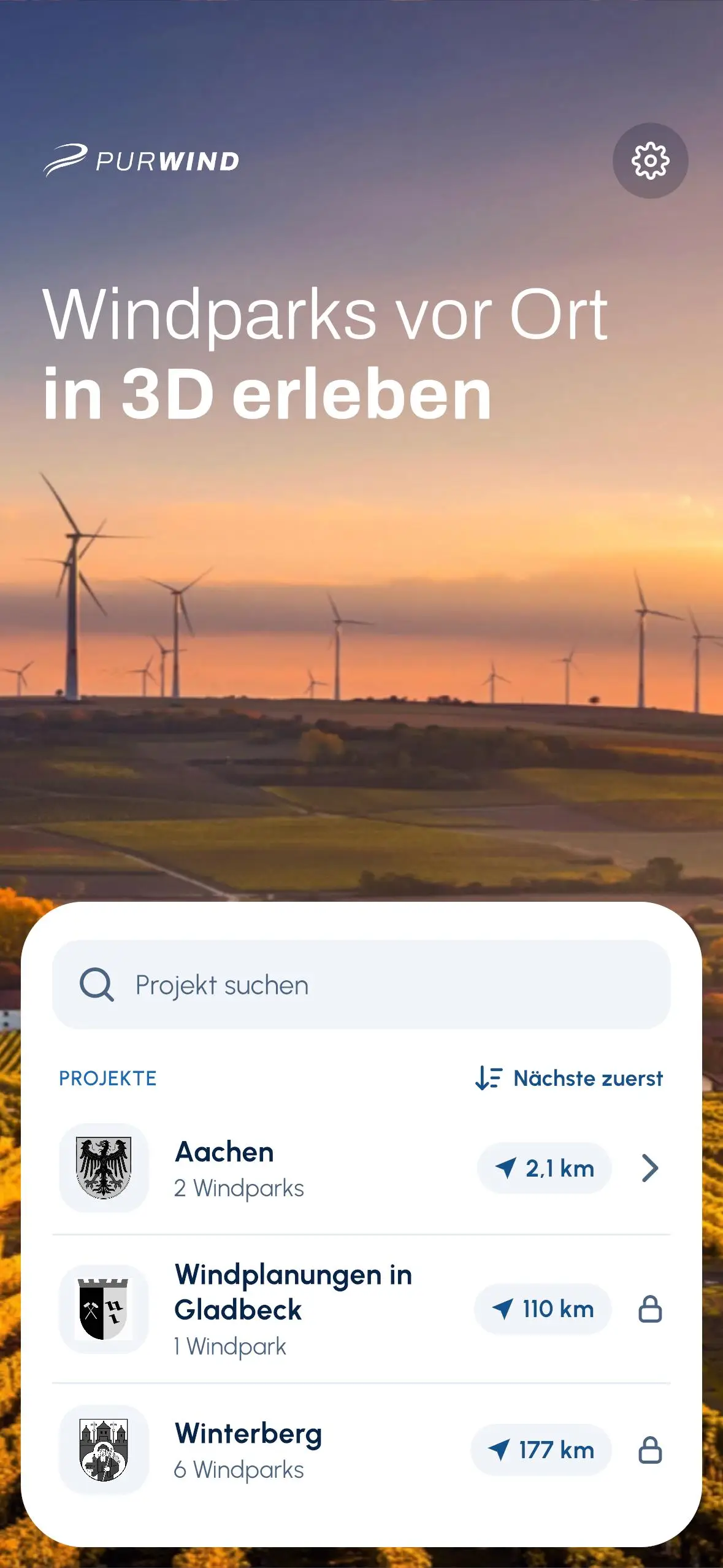 Projektübersicht der App mit Suche und Windpark-Projekten, sortiert nach Entfernung