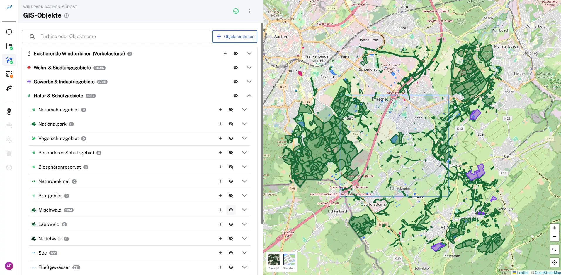 GIS-Objekte im Planner: Siedlungs-, Gewerbe- und Schutzgebiete als Layer auf der Karte