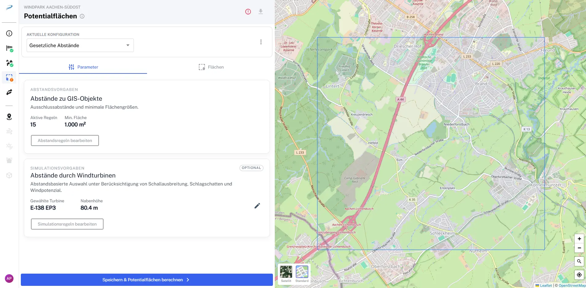 Konfiguration der Potenzialflächen mit Abstandsregeln zu GIS-Objekten und Turbinenvorgaben
